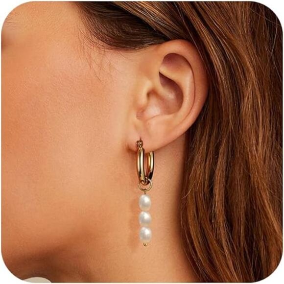 ✨ 14K Gold Twisted Rope Pearl Hoop Earrings | Elegant Huggie Dangle ✨ - Picture 6 of 6